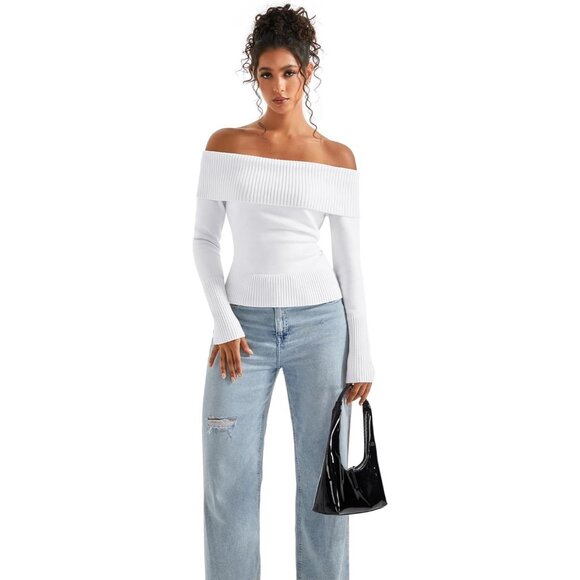 Women Snow White Off Shoulder Long Sleeve Tops Blouse Sweaters - Picture 4 of 6